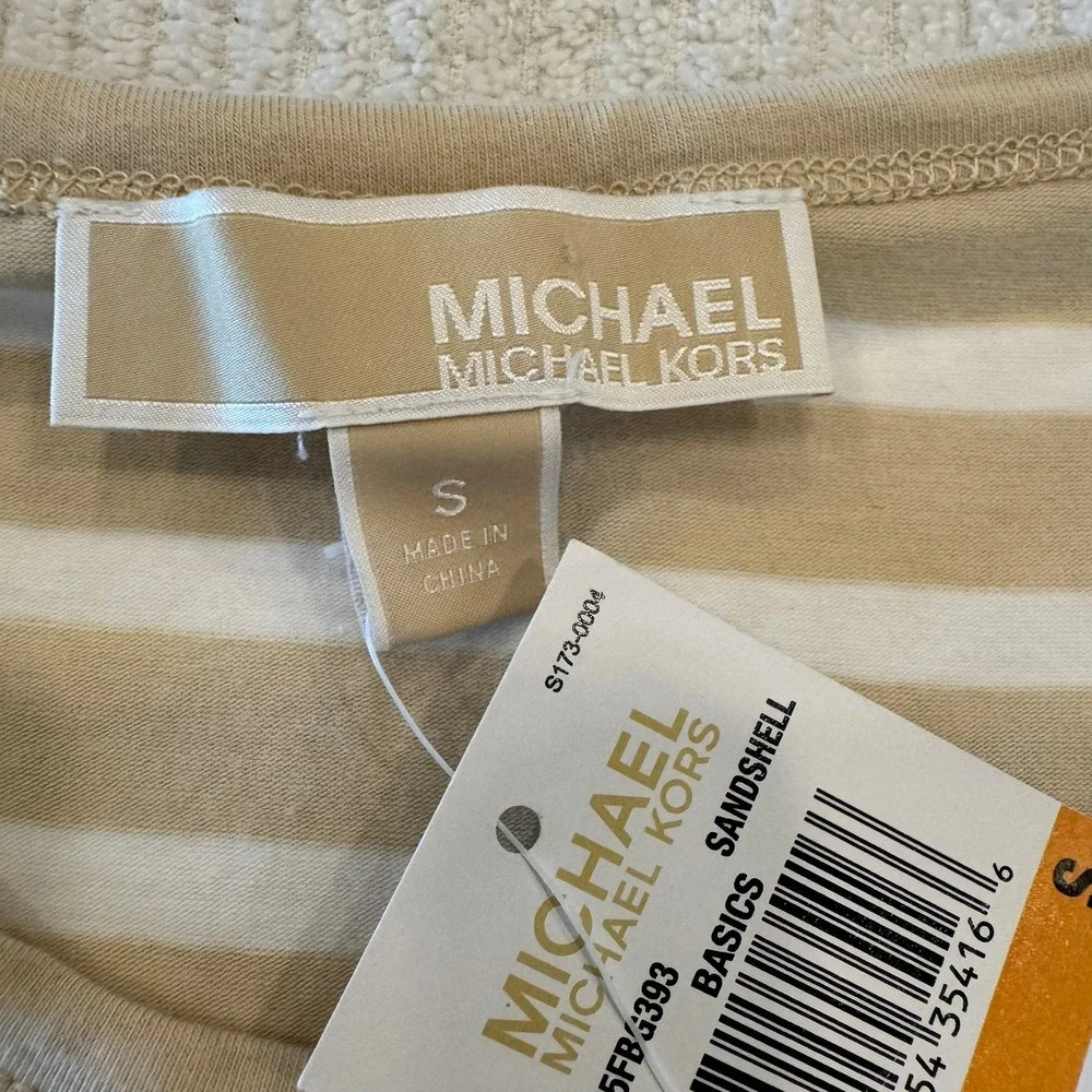 Michael Kors Womens Striped Zipper Shoulder T-Shirt Tan White Small NEW